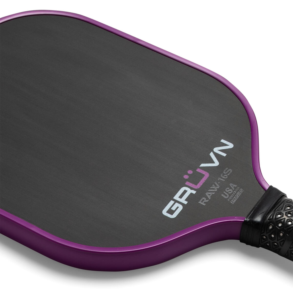 Close-up of a purple pickleball paddle with GRUVN RAW-16S branding and a textured black surface.