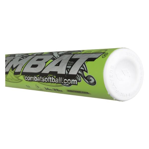 End view of a green COMBAT softball bat with combatsoftball.com and 34 in / 28 oz text.