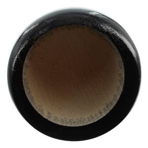Top-down view of a black baseball bat with a visible wood grain interior.