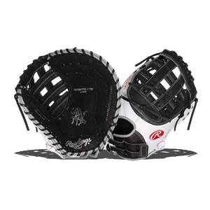 Front view of a black and white Rawlings Heart of the Hide first base mitt with white stitching and a red R logo.