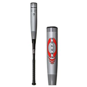 Side view of a silver baseball bat with black grip, Reebok branding, and VECTOR COMPOSITE text.