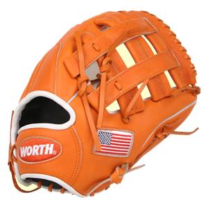 Front view of an orange baseball glove with white trim, WORTH logo, and an American flag patch.