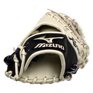 Front view of a cream and black baseball mitt with Mizuno logo and lacing detail.