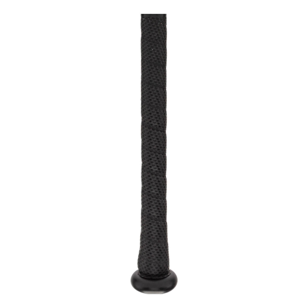 Close-up of a black baseball bat grip with a textured surface and a black end cap.