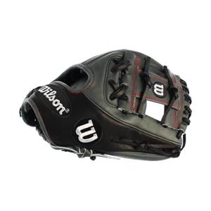 Side view of a black and gray baseball glove with red stitching and Wilson branding.