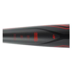 Side view of a black baseball bat with red accents, BBCOR 50 and 32 markings.
