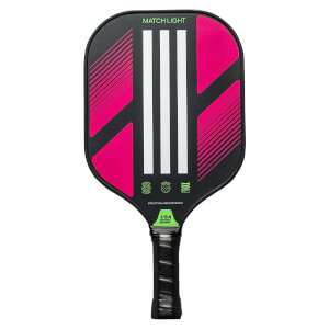 Front view of a black pickleball paddle with pink diagonal stripes, white Adidas stripes, and MATCH LIGHT text.