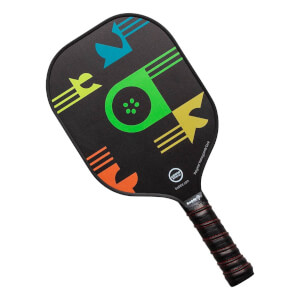 Top-down view of a black pickleball paddle with colorful geometric shapes and a black grip.