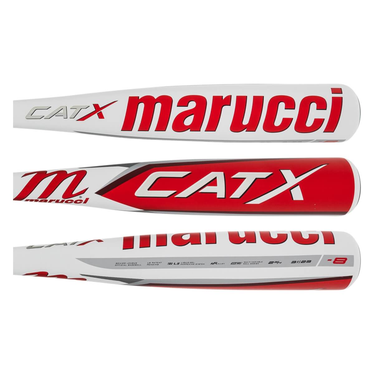 Three views of a white and red Marucci CATX baseball bat with bold red lettering and USSSA markings.