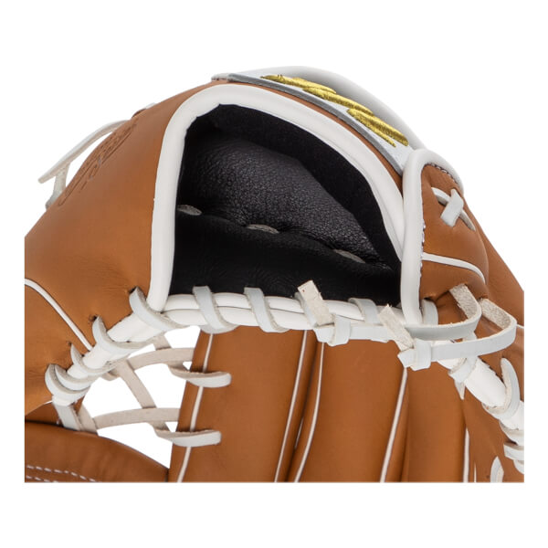 Close-up of a tan baseball glove’s wrist opening featuring white laces, black interior padding, and a gold logo detail on the strap.