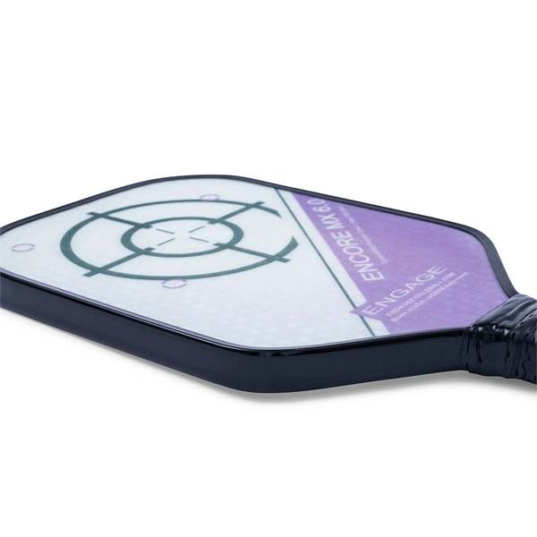 Corner view of a white and purple pickleball paddle with a target design and ENGAGE ENCORE MX 6.0 text.