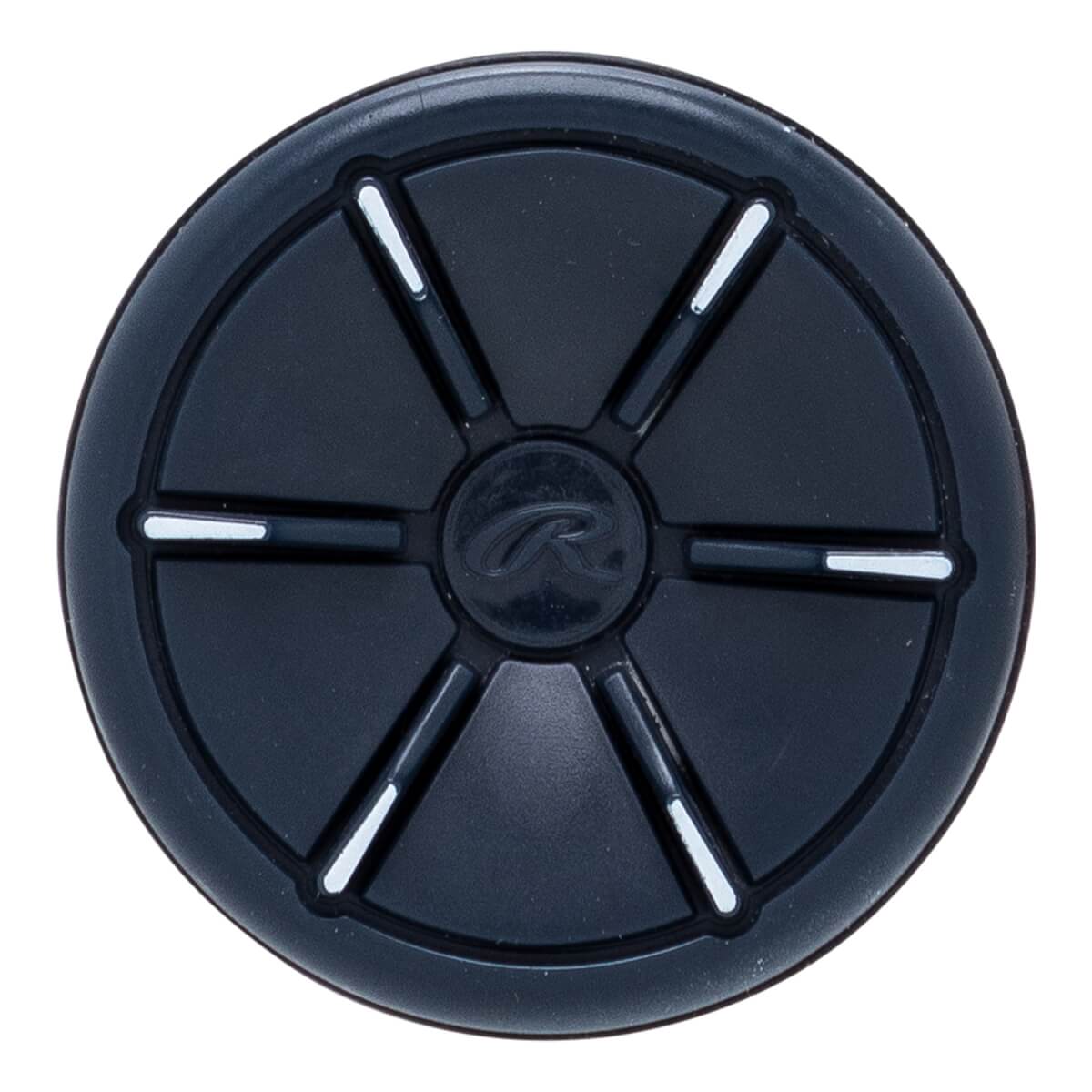 Top-down view of a black softball bat end cap with a circular segmented design, white accents, and a central Rawlings logo.