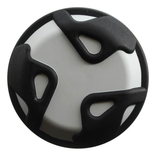 Top-down view of a white baseball bat end cap with black abstract grip pattern.