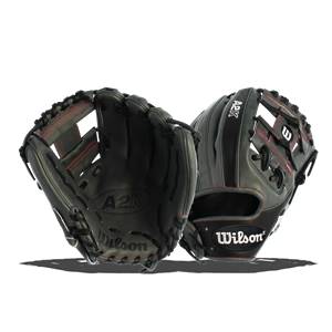 Front view of a black Wilson A2K baseball glove with red stitching and embossed logos.