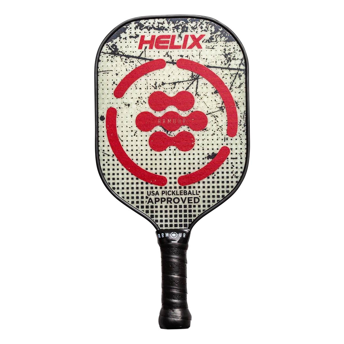 Front view of a cream and black pickleball paddle with red circular and dot graphics, HELIX text, and USA PICKLEBALL APPROVED text.