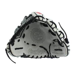 Front view of a white baseball glove with black lacing and Rawlings branding.