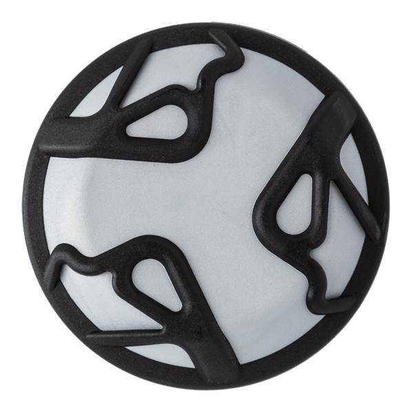 End cap view of a white baseball bat with black abstract design.