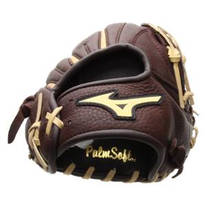 Close-up of a brown baseball glove with a yellow Mizuno logo and Palm Soft text.