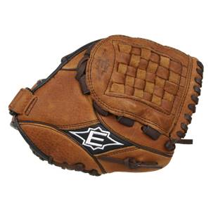 Side view of a brown baseball glove with a woven pocket and an E logo.