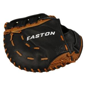 Front view of a black Easton softball mitt with tan lacing and a textured palm.
