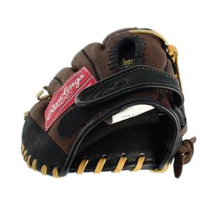 Bottom view of a brown baseball glove with a red Rawlings logo and black finger stalls.