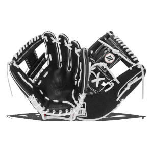 Front and back views of black baseball gloves with white laces, featuring a skeleton hand logo in the palm, an H-web, and "NightShift" branding.