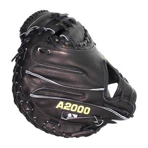 Front view of a black baseball catchers mitt with A2000 branding and white stitching.