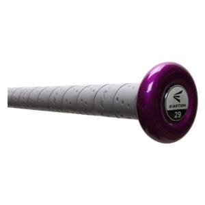 Side view of a purple Easton bat with a gray textured grip and 29 on the end cap.