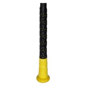 Close-up of a black baseball bat grip with yellow dots and a yellow knob.