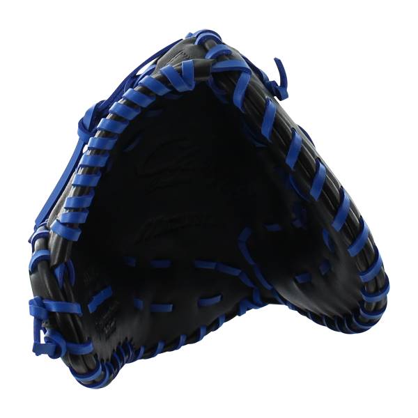 Interior view of a black first base mitt with blue lacing and embossed branding.
