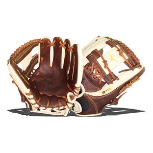 Front view of brown and cream softball gloves with Classic text and Mizuno logo.
