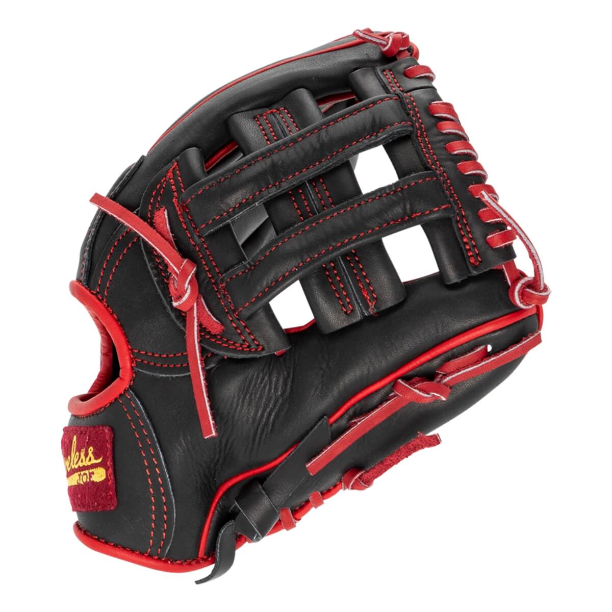 Angled front view of a black baseball glove with red lacing, an H-web, and a Shoeless Joe patch.