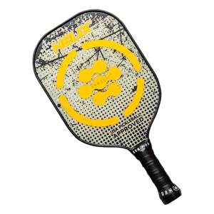 Top-down view of a black and yellow pickleball paddle with HELIX and USA PICKLEBALL APPROVED text.