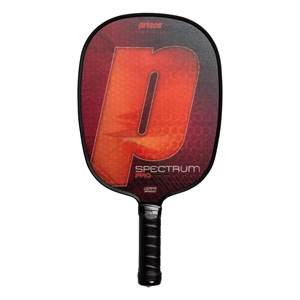 Front view of a red and black pickleball paddle with a large P graphic, Spectrum Pro text, and a black grip.