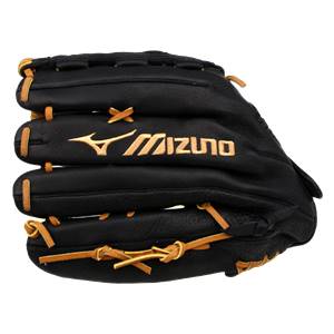 Top-down view of a black Mizuno baseball glove with tan lacing and gold logo.