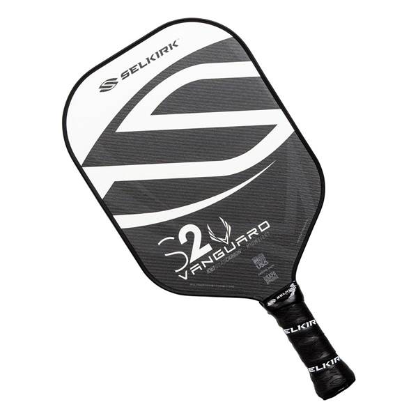 Top-down view of a black and white pickleball paddle with S2 VANGUARD branding and a textured grip.