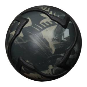 Top-down view of a black baseball bat end cap with a camouflage pattern and black accents.