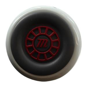 End view of a white baseball bat with a black cap featuring a red circular logo with an m.