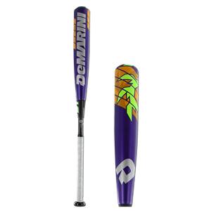 Side view of a purple baseball bat with DeMarini text and a white grip.
