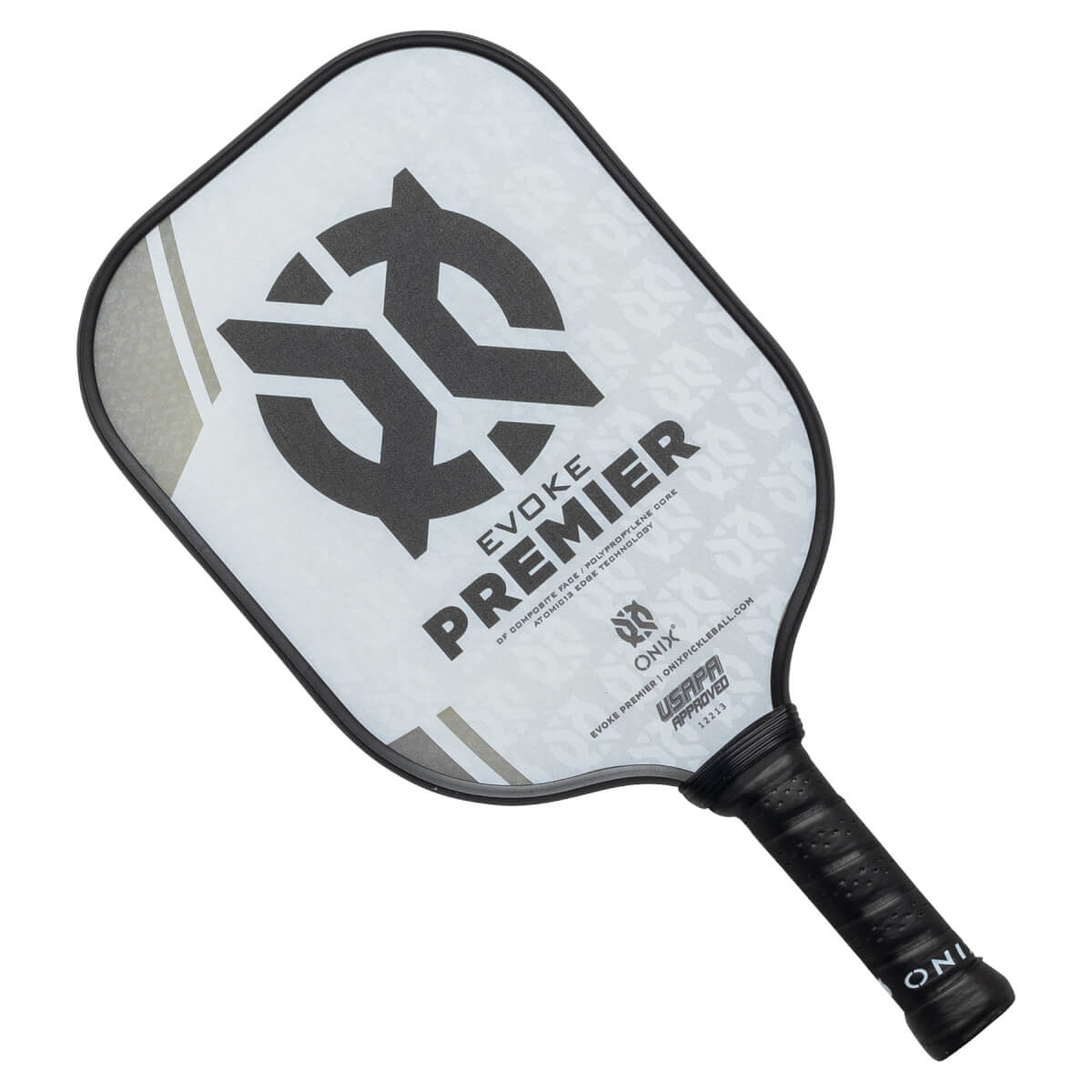 Top-down view of a white pickleball paddle with black branding, EVOKE PREMIER text, and a textured grip.