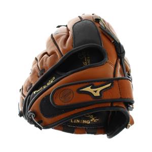 Corner view of a brown baseball glove with black accents, gold Mizuno logo, and LINING text.