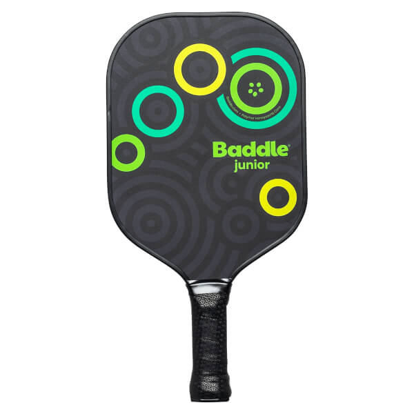 Front view of a black Baddle junior pickleball paddle with green and yellow circles and Baddle junior text.
