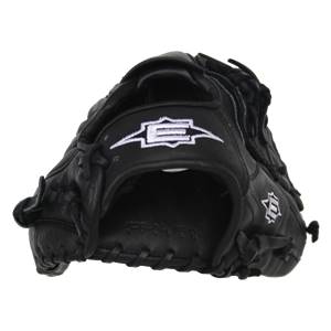 Front view of a black baseball glove with white Easton logo and IDEAL FIT text.