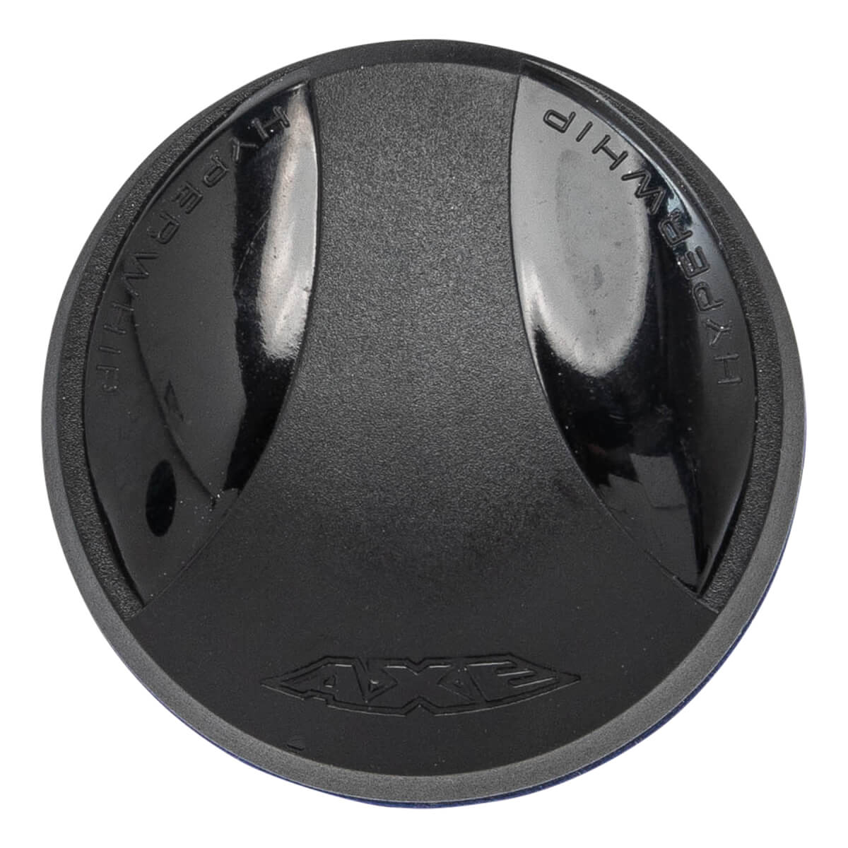 Top-down view of the black end cap featuring "HYPERWHIP" engraved on the sides and the "AXE" logo embossed at the bottom.