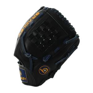 Front view of a black baseball glove with blue stitching, a woven pocket, and visible BRADLEY text.