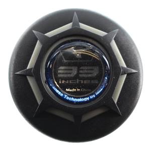 Top-down view of a black baseball bat end cap with 33 INCHES and Made in China text.