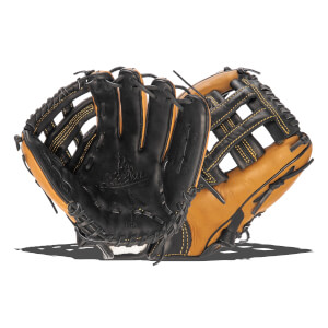 Front view of a black and tan baseball glove with gold stitching and a webbed pocket.