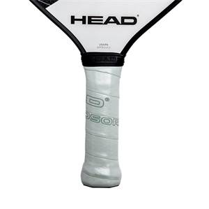 Close-up of a white pickleball paddle grip with embossed HEAD logo and USAPA approved stamp.