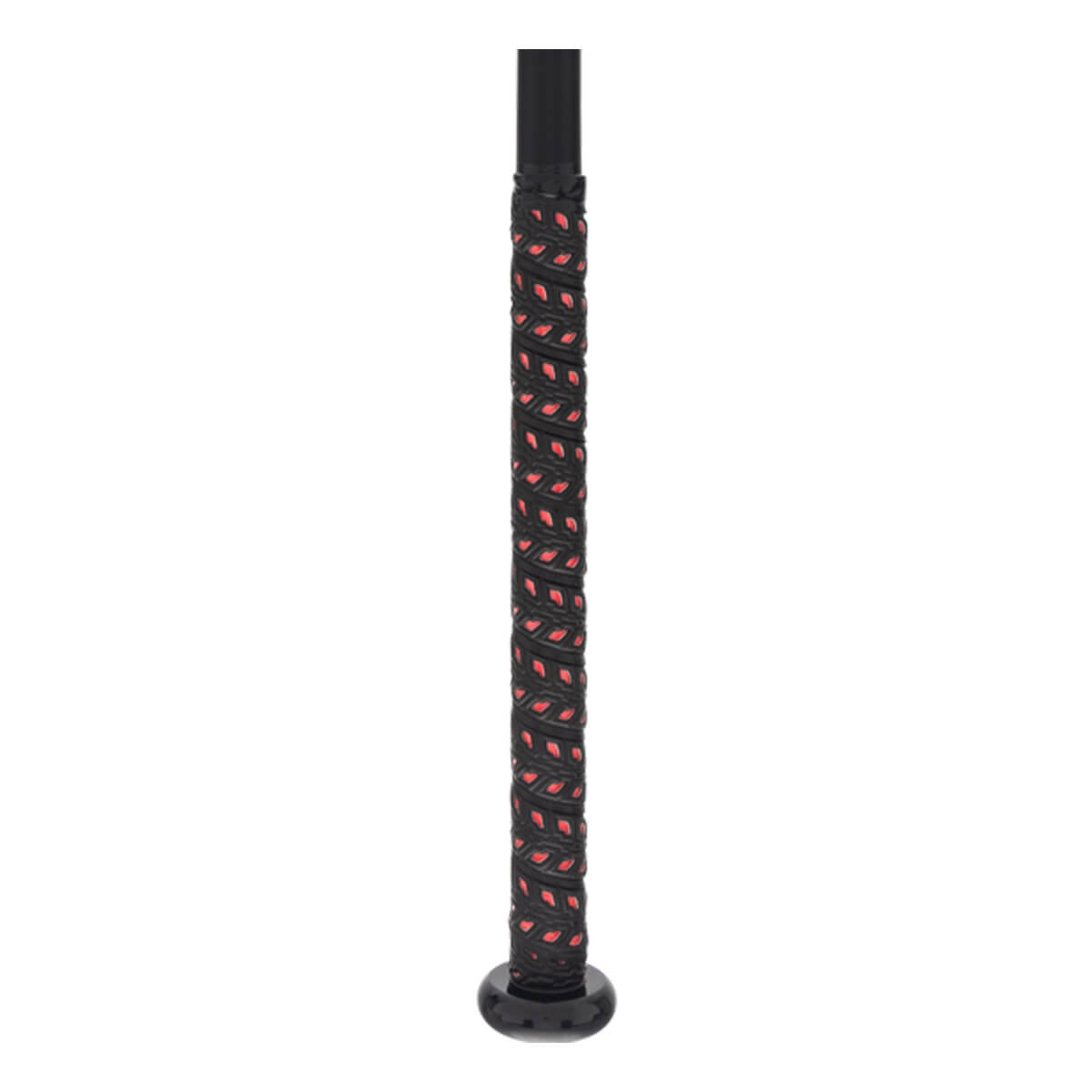 Close-up of a black softball bat grip with red accents and a black end cap.