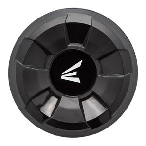 Top-down view of a black baseball bat end cap with a white Easton logo and segmented design.